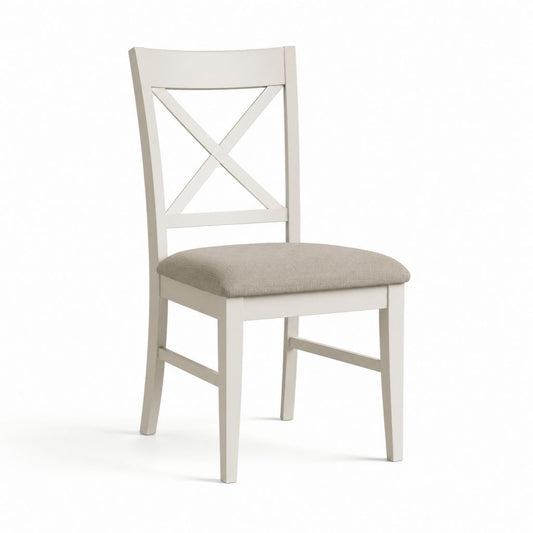 Sedia da pranzo bianca in legno massello con seduta imbottita in poliestere e schienale a X 45 x 55 x 100 cm