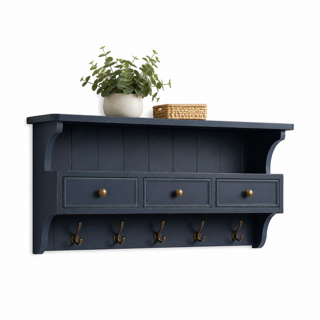 Appendiabiti da parete blu scuro in MDF con 3 cassetti e 5 ganci 100 x 18 x 60 cm