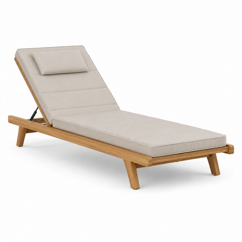 Lettino prendisole reclinabile beige in legno massello di acacia con cuscino 200 x 70 x 35 cm