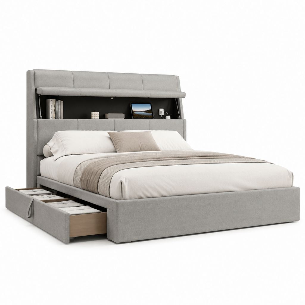 Letto contenitore matrimoniale con testiera attrezzata grigio in poliestere rettangolare 160 x 200 cm