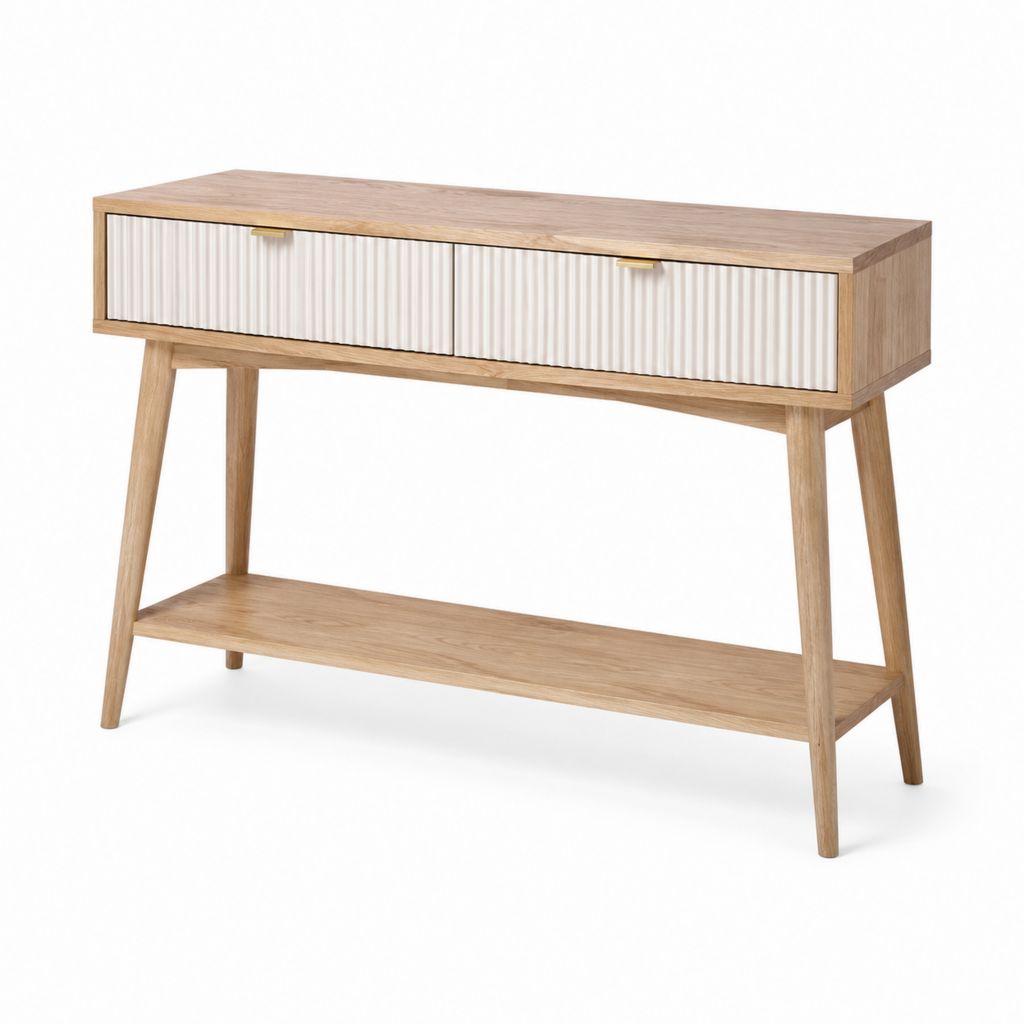 Consolle da ingresso con 2 cassetti rovere naturale e bianco 120 x 35 x 85 cm