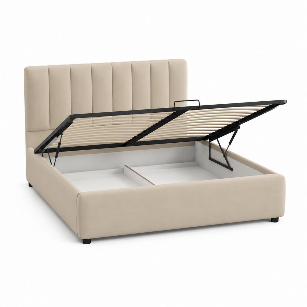 Letto contenitore matrimoniale rettangolare beige in poliestere con testiera imbottita 160 x 200 cm