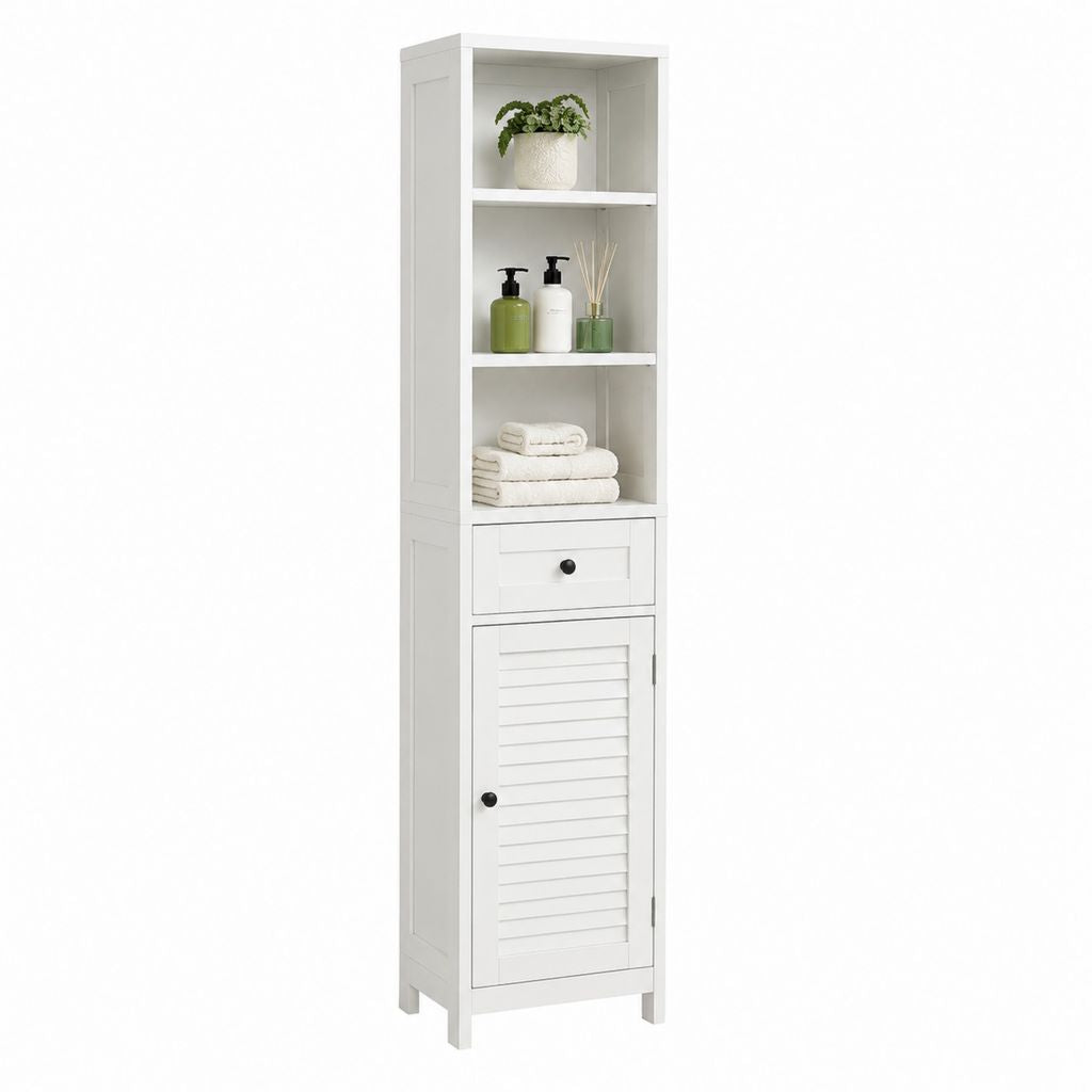 Colonna bagno bianca in MDF con 3 ripiani 1 cassetto e 1 anta 30 x 30 x 170 cm