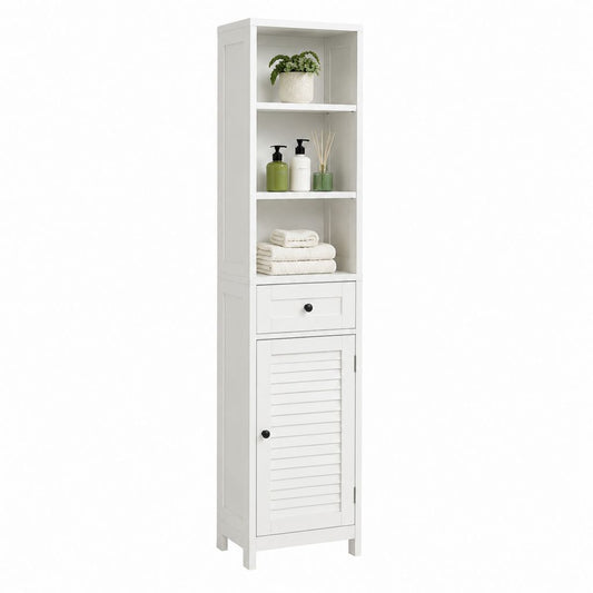 Colonna bagno bianca in MDF con 3 ripiani 1 cassetto e 1 anta 30 x 30 x 170 cm