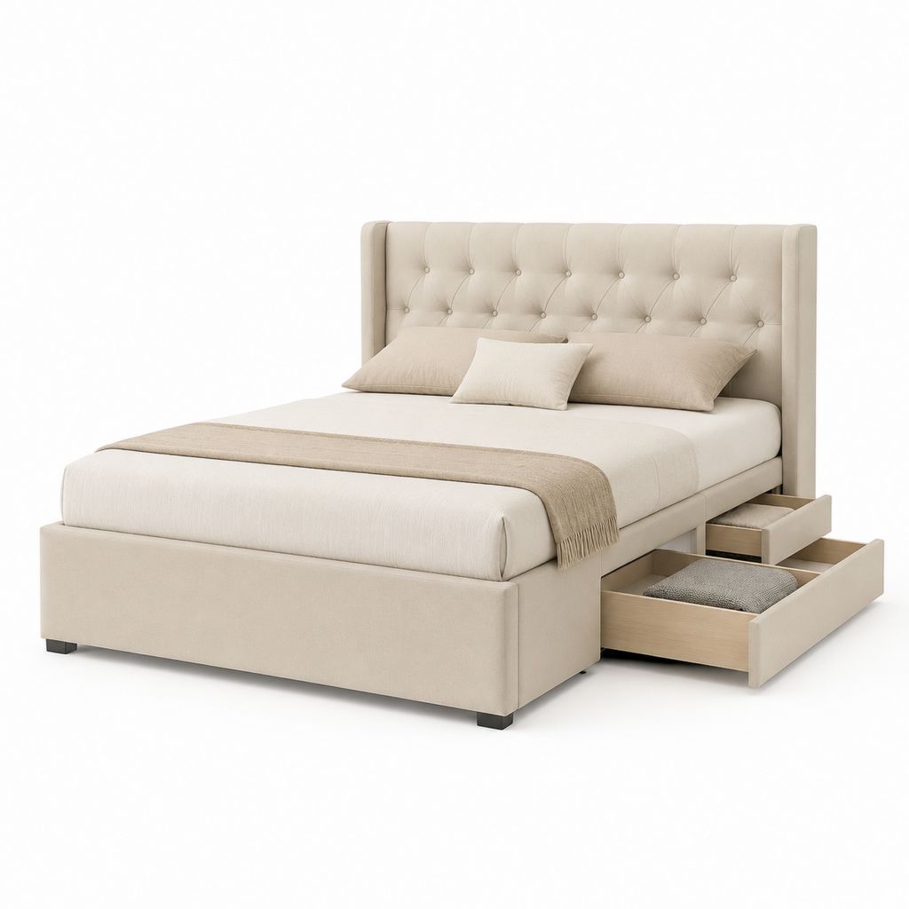 Letto contenitore matrimoniale beige in poliestere con testiera capitonné e 2 cassetti 160 x 200 cm