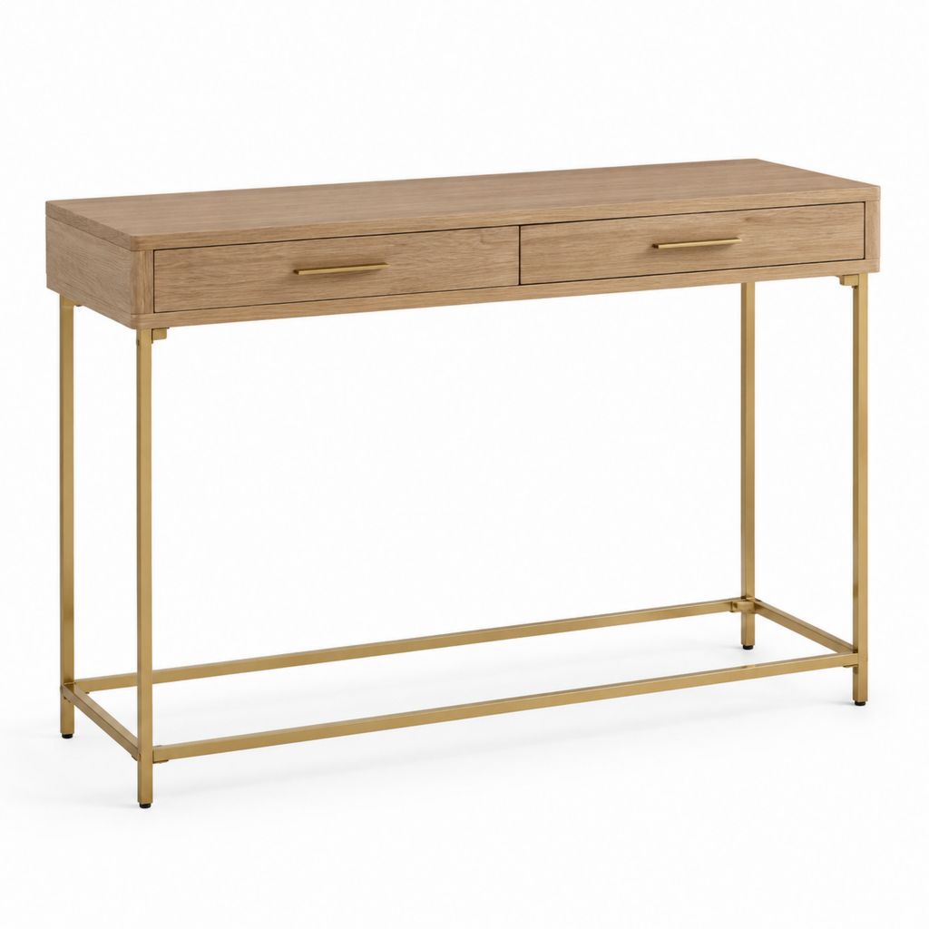 Consolle da ingresso con 2 cassetti rovere e acciaio dorato 120 x 40 x 80 cm