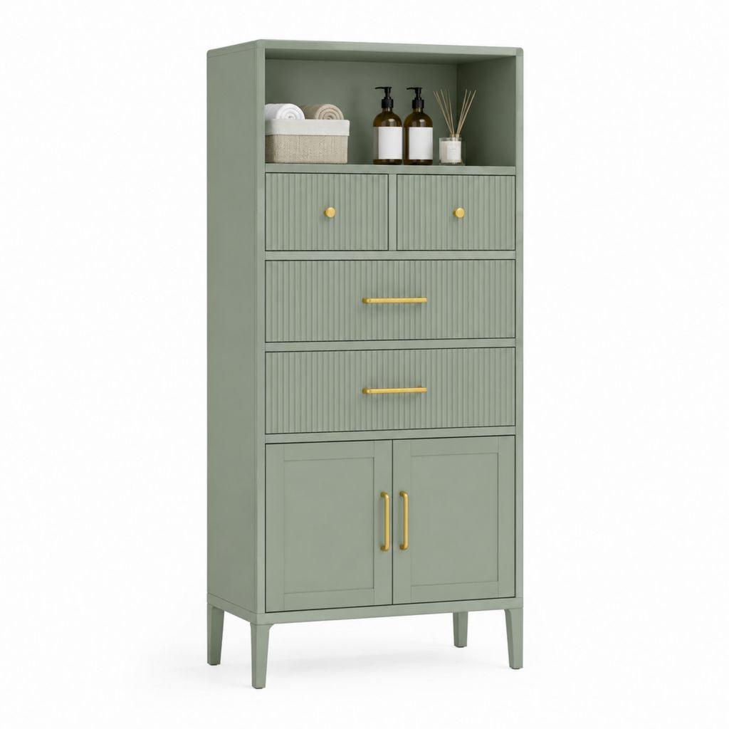 Colonna bagno verde salvia in MDF con 4 cassetti 2 ante e vano a giorno 60 x 35 x 160 cm