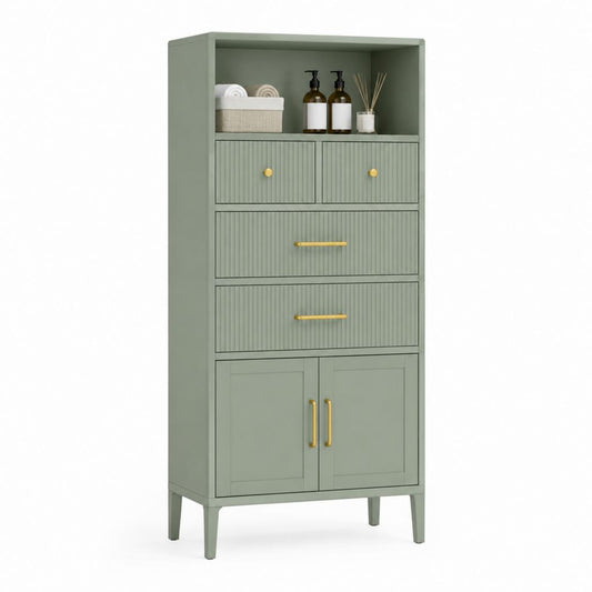 Colonna bagno verde salvia in MDF con 4 cassetti 2 ante e vano a giorno 60 x 35 x 160 cm