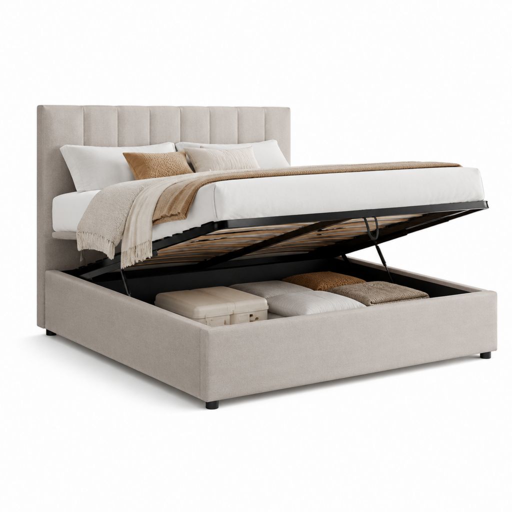 Letto contenitore matrimoniale beige in poliestere rettangolare 160 x 200 cm