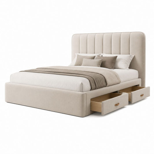 Letto matrimoniale contenitore rettangolare beige in poliestere e MDF con 2 cassetti 160 x 200 cm