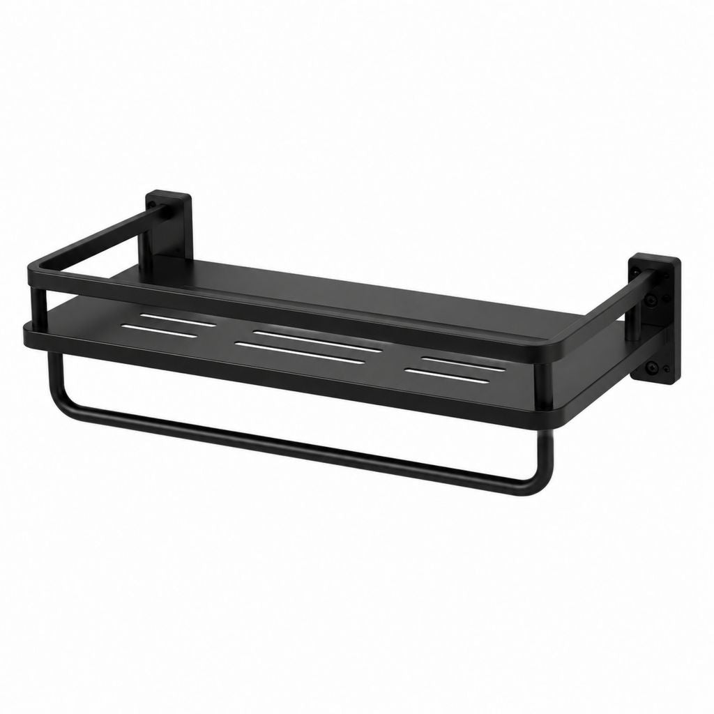 Mensola bagno da parete nera in lega di alluminio 40 x 12 x 8 cm con barra portasciugamani