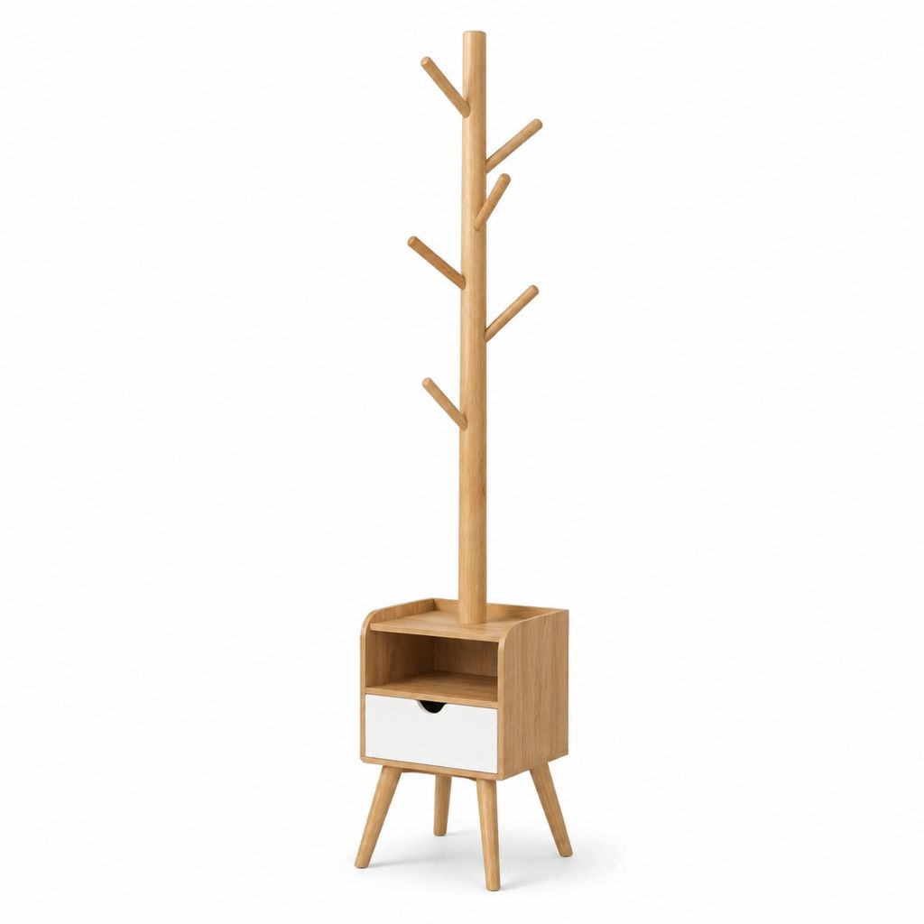 Appendiabiti da ingresso verticale in legno naturale con mobile contenitore 40 x 35 x 180 cm