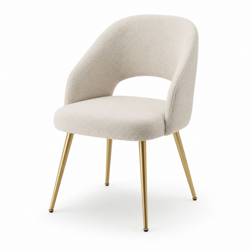Sedia da pranzo imbottita arrotondata beige in poliestere bouclé con gambe in acciaio dorato 57 x 59 x 82 cm