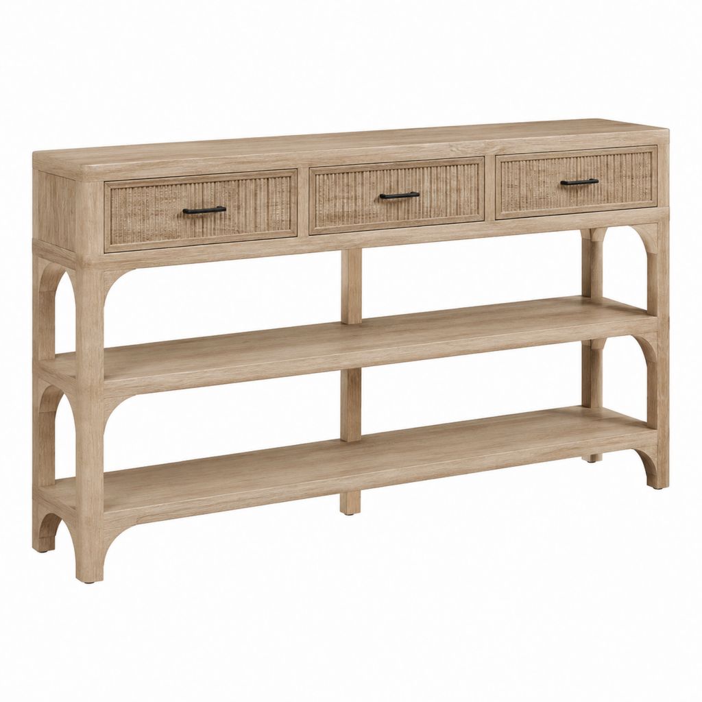 Consolle da ingresso rettangolare in legno massello rovere chiaro con 3 cassetti e 2 ripiani 152 x 41 x 91 cm