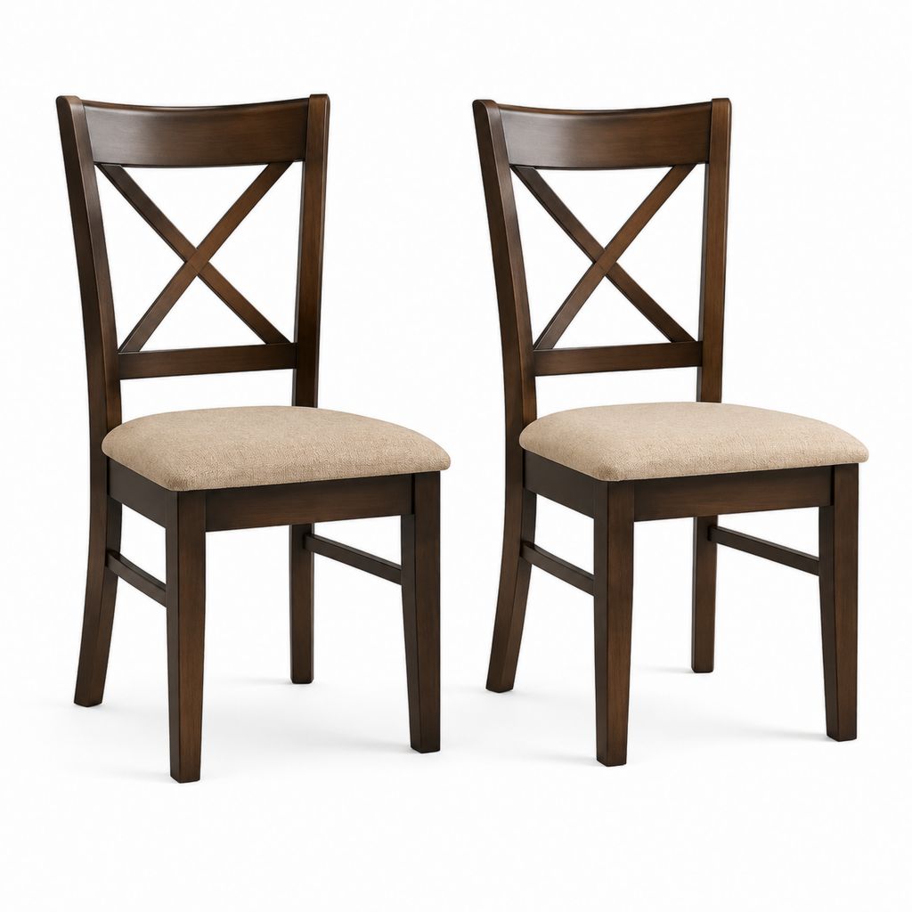 Set 2 sedie da pranzo in legno massello marrone con seduta imbottita beige 43 x 53 x 96 cm
