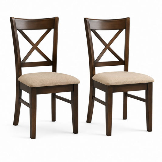 Set 2 sedie da pranzo in legno massello marrone con seduta imbottita beige 43 x 53 x 96 cm