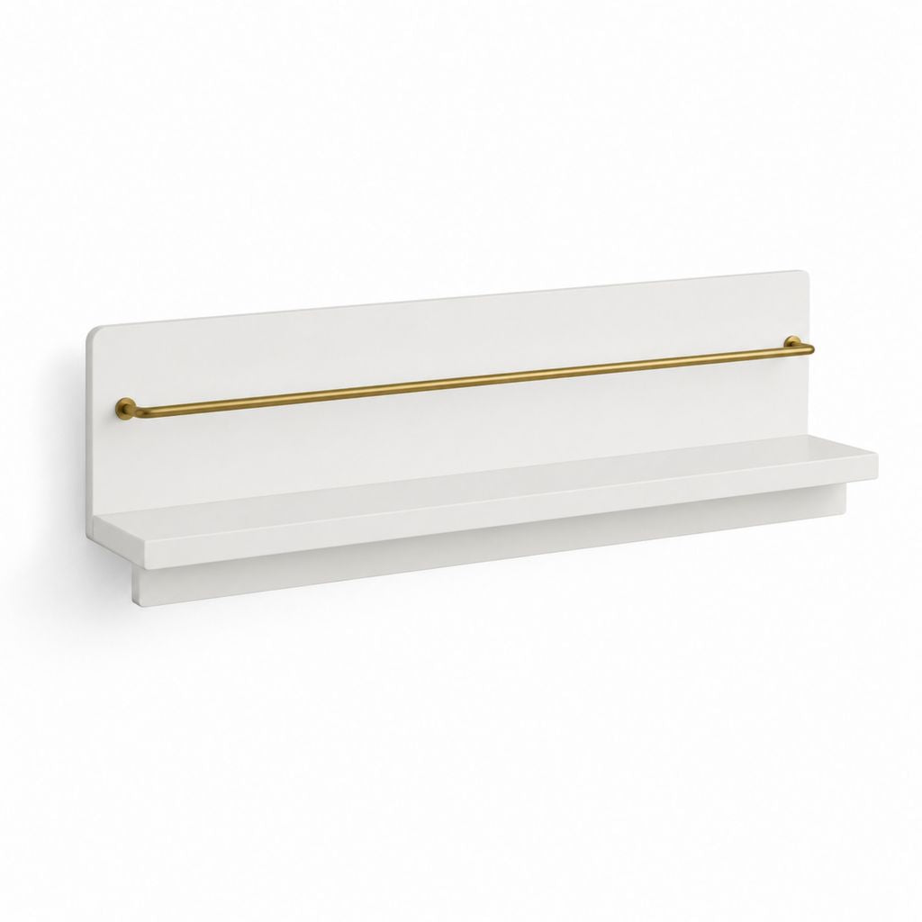 Mensola da parete bianca in MDF con barra appendiabiti color ottone 80 x 16 x 30 cm