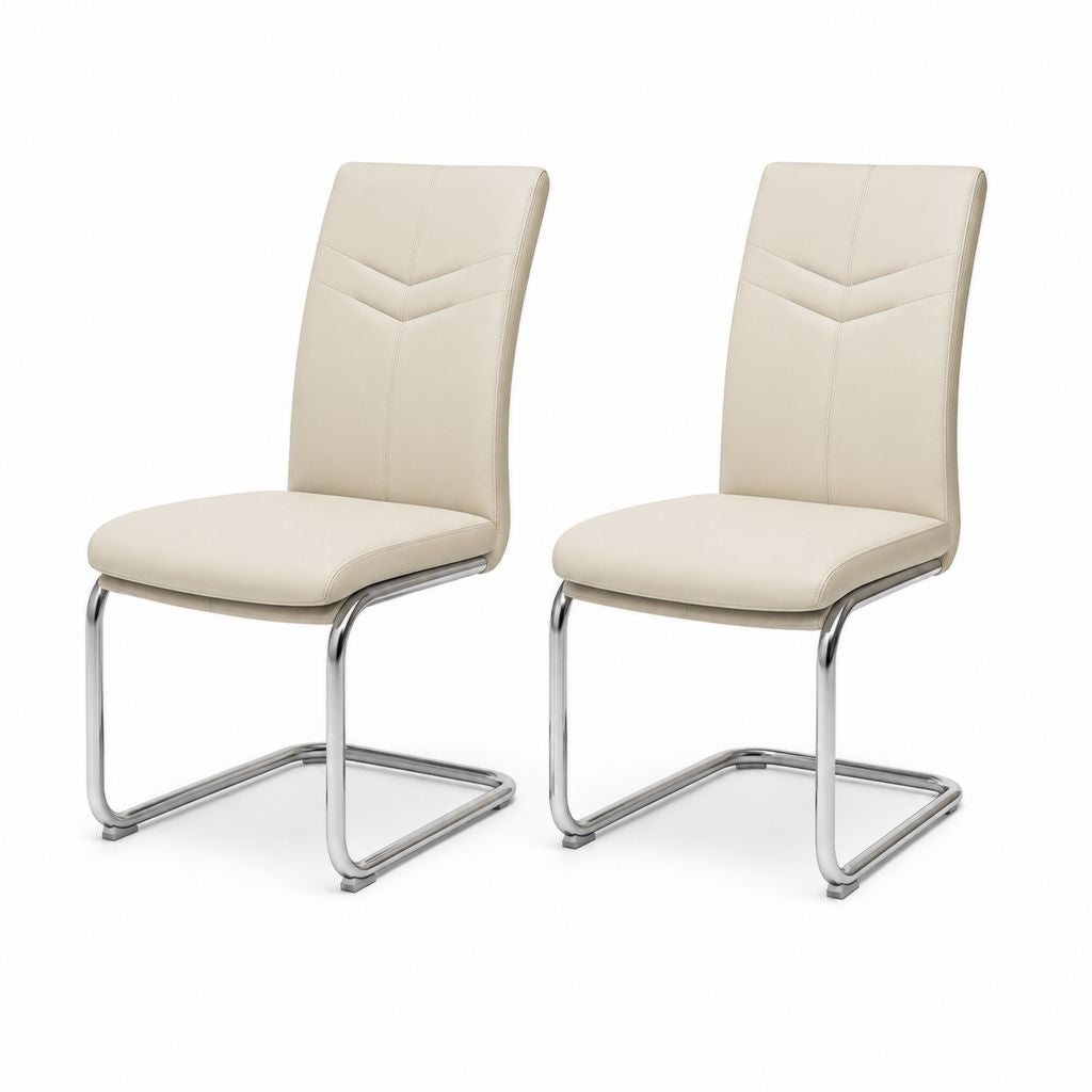 Set 2 sedie da pranzo beige in PU con struttura a slitta in acciaio cromato 43 x 59 x 98 cm