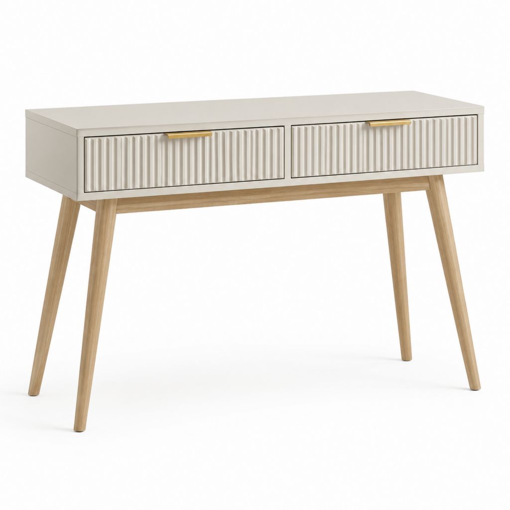Consolle da ingresso avorio in MDF con 2 cassetti scanalati e gambe in legno massello 100 x 40 x 80 cm