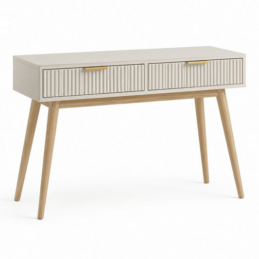 Consolle da ingresso avorio in MDF con 2 cassetti scanalati e gambe in legno massello 100 x 40 x 80 cm